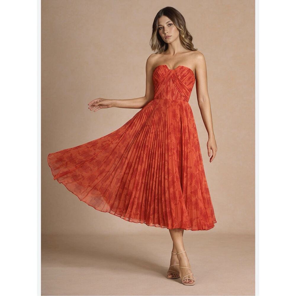 New Azazie Lyanna Tangerine Pleated Midi Dress Size 8 Prom Wedding Guest Formal